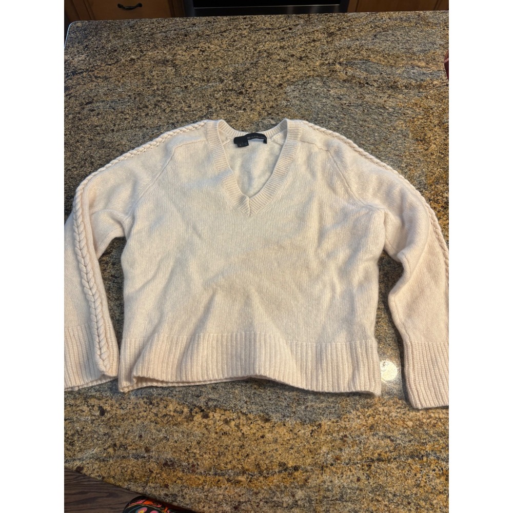 360 Cashmere Womens V-Neck Braided Sleeve Sweater Cream White S 100% Cashmere